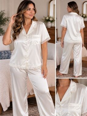 Morgan Taylor Intimidates Satin Lace-Trim Pajama Set - Ivory